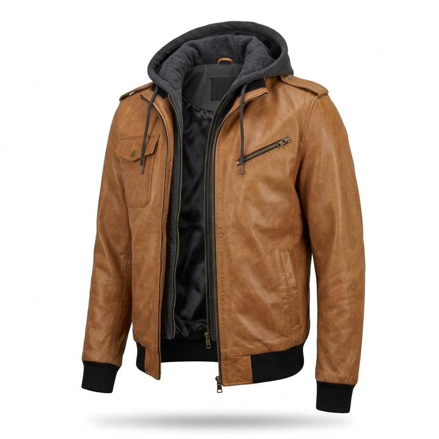 Men's Camel Tan Leather Bomber Jacket with Removable Hood