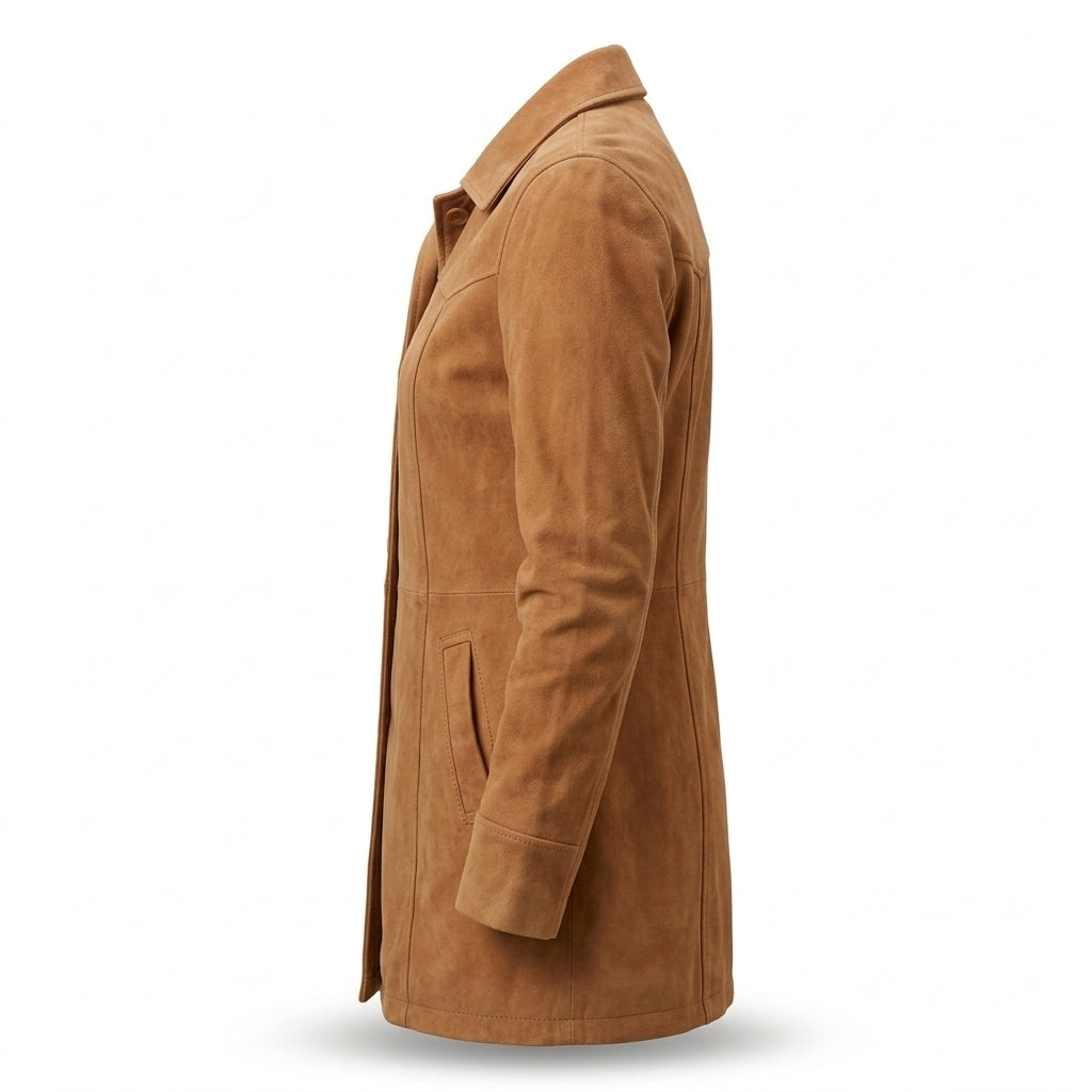 Women's Tan Suede Sheepskin Car Coat – Mid-Length Button-Up Jacket with Collar