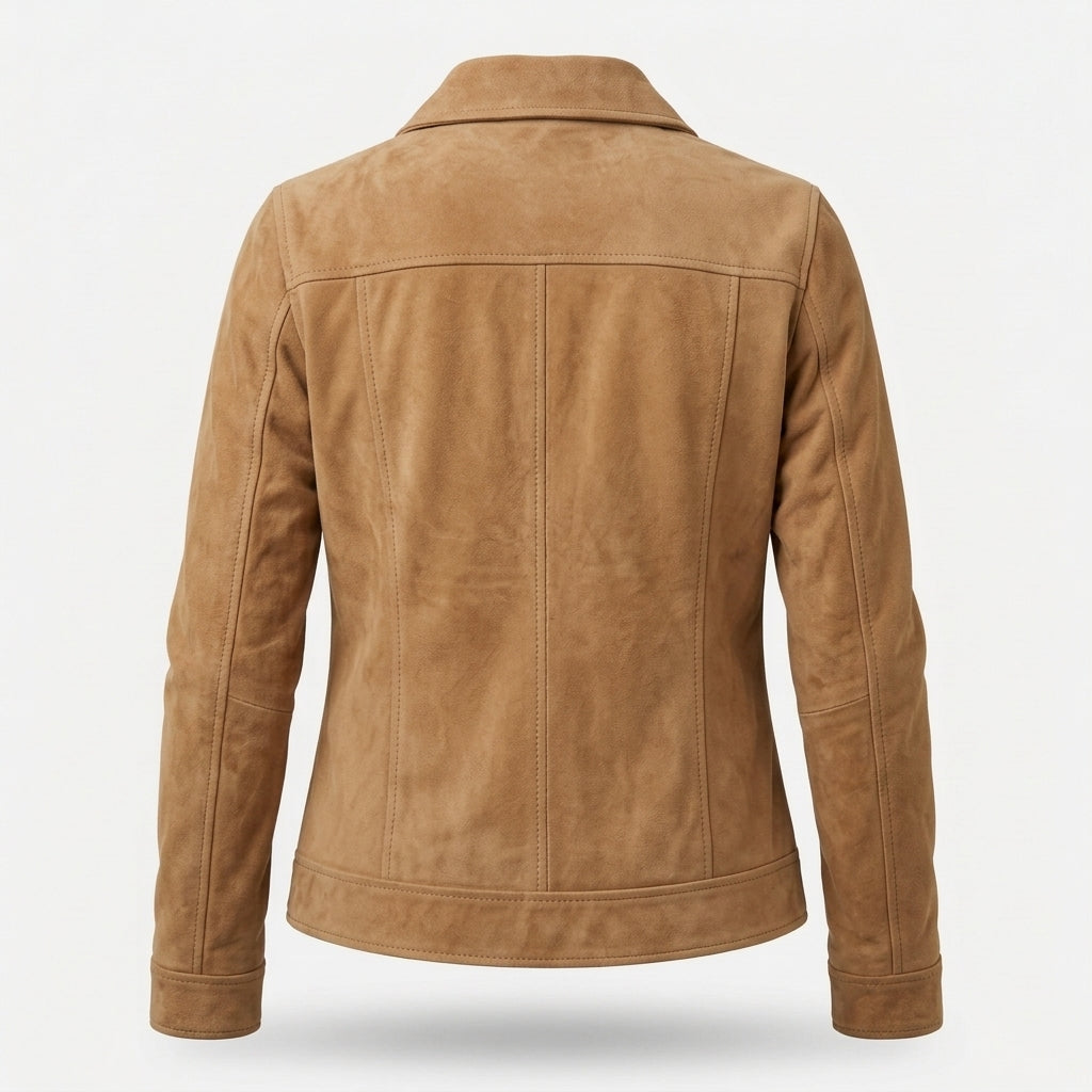 Women's Tan Suede Sheepskin Jacket – Camel Zip-Up Coat with Shirt Collar