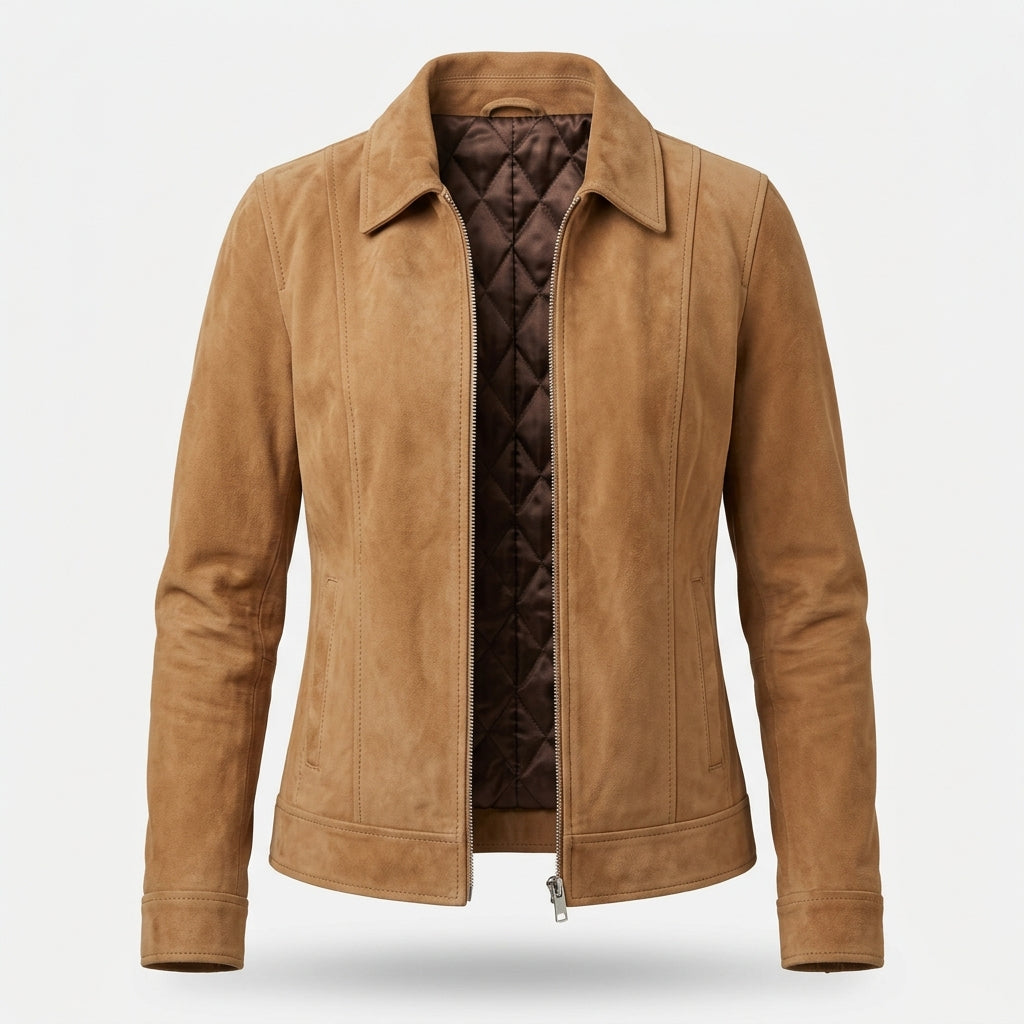 Women's Tan Suede Sheepskin Jacket – Camel Zip-Up Coat with Shirt Collar