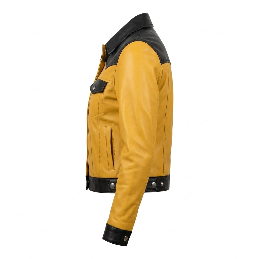 Women's Yellow and Black Sheepskin Leather Trucker Jacket – Two-Tone Cropped Western Coat