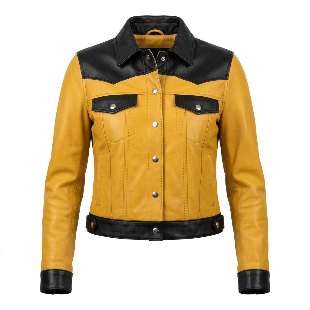 Women's Yellow and Black Sheepskin Leather Trucker Jacket – Two-Tone Cropped Western Coat