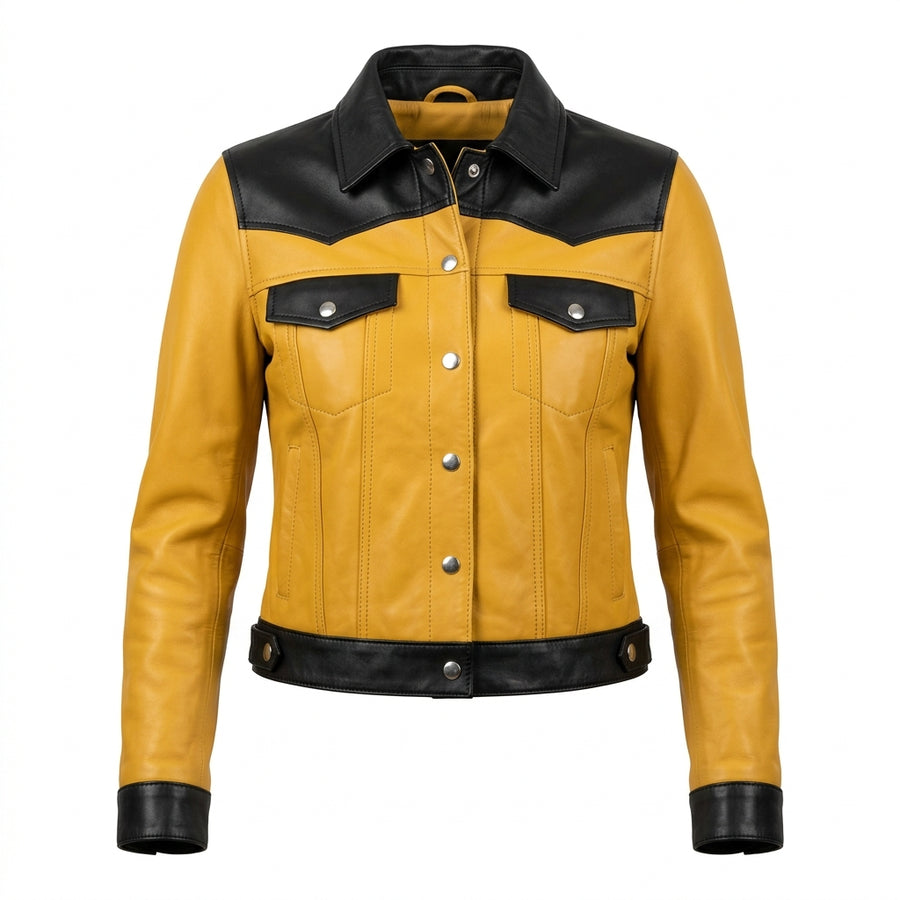 Women's Yellow and Black Sheepskin Leather Trucker Jacket – Two-Tone Cropped Western Coat