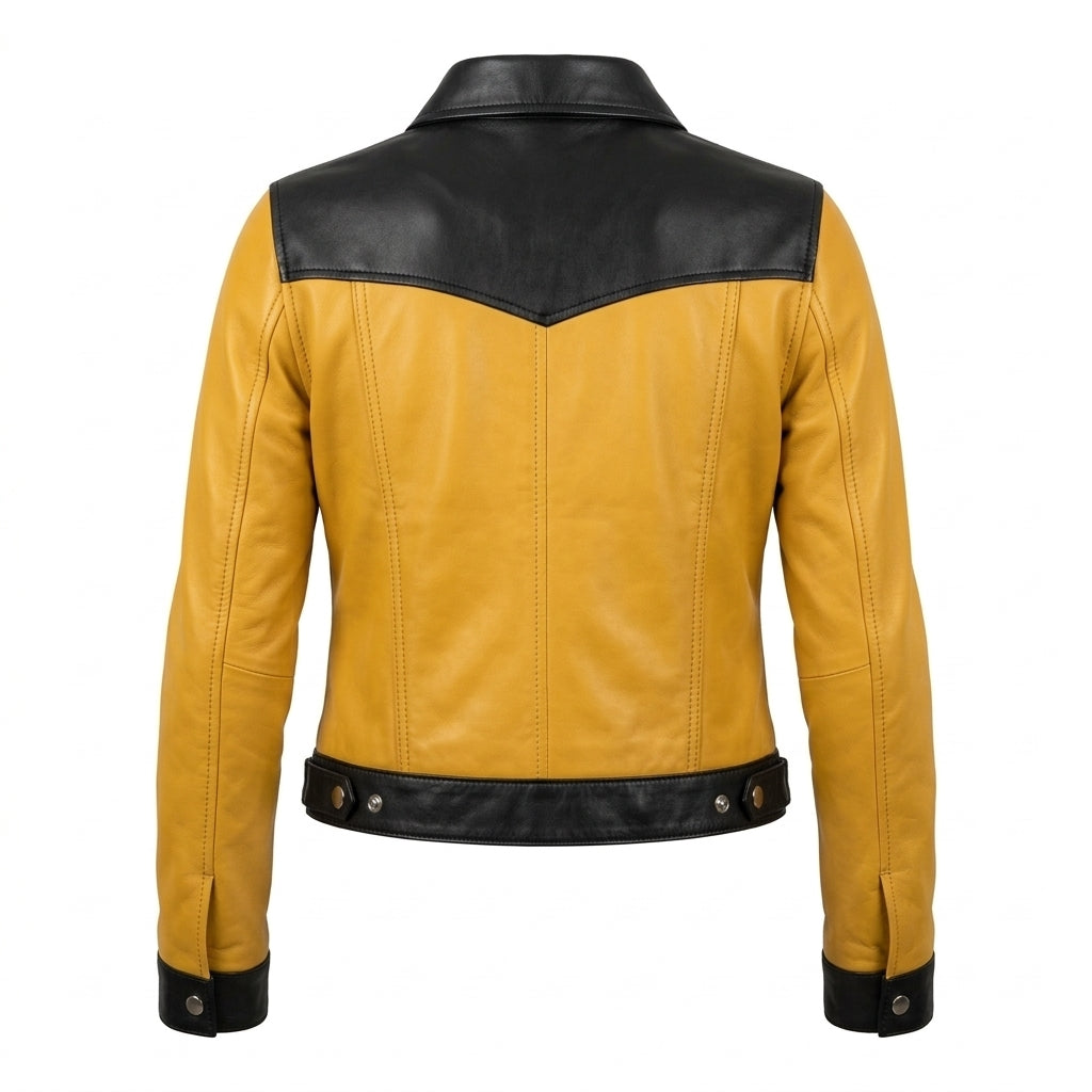 Women's Yellow and Black Sheepskin Leather Trucker Jacket – Two-Tone Cropped Western Coat