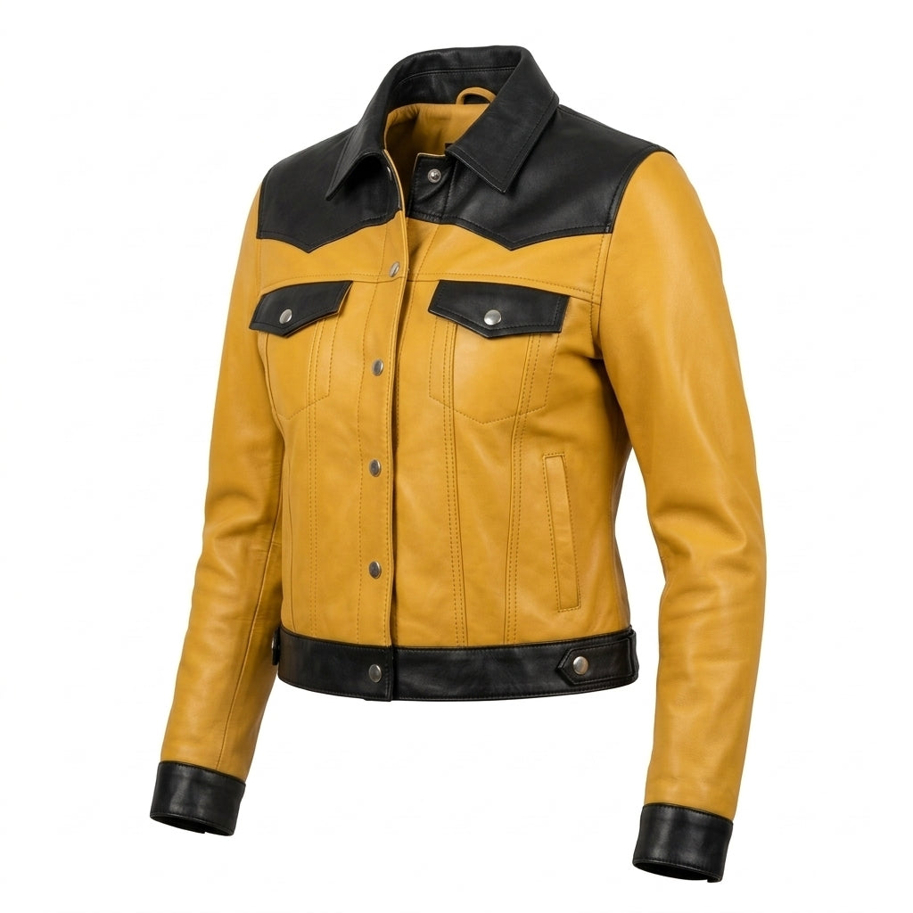 Women's Yellow and Black Sheepskin Leather Trucker Jacket – Two-Tone Cropped Western Coat