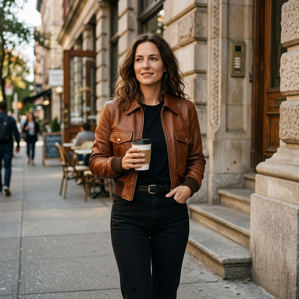 Women's Saddle Brown Cropped Leather Bomber Jacket