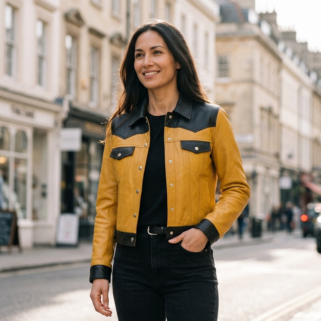 Women's Yellow and Black Sheepskin Leather Trucker Jacket – Two-Tone Cropped Western Coat