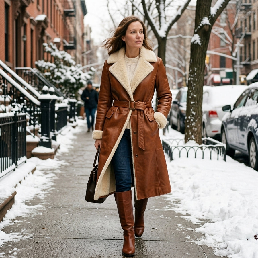 Women's Cognac Shearling-Lined Leather Coat, Knee Length
