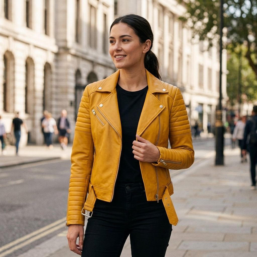 Women's Yellow Sheepskin Leather Biker Jacket – Quilted Shoulder Asymmetric Moto Jacket with Belt