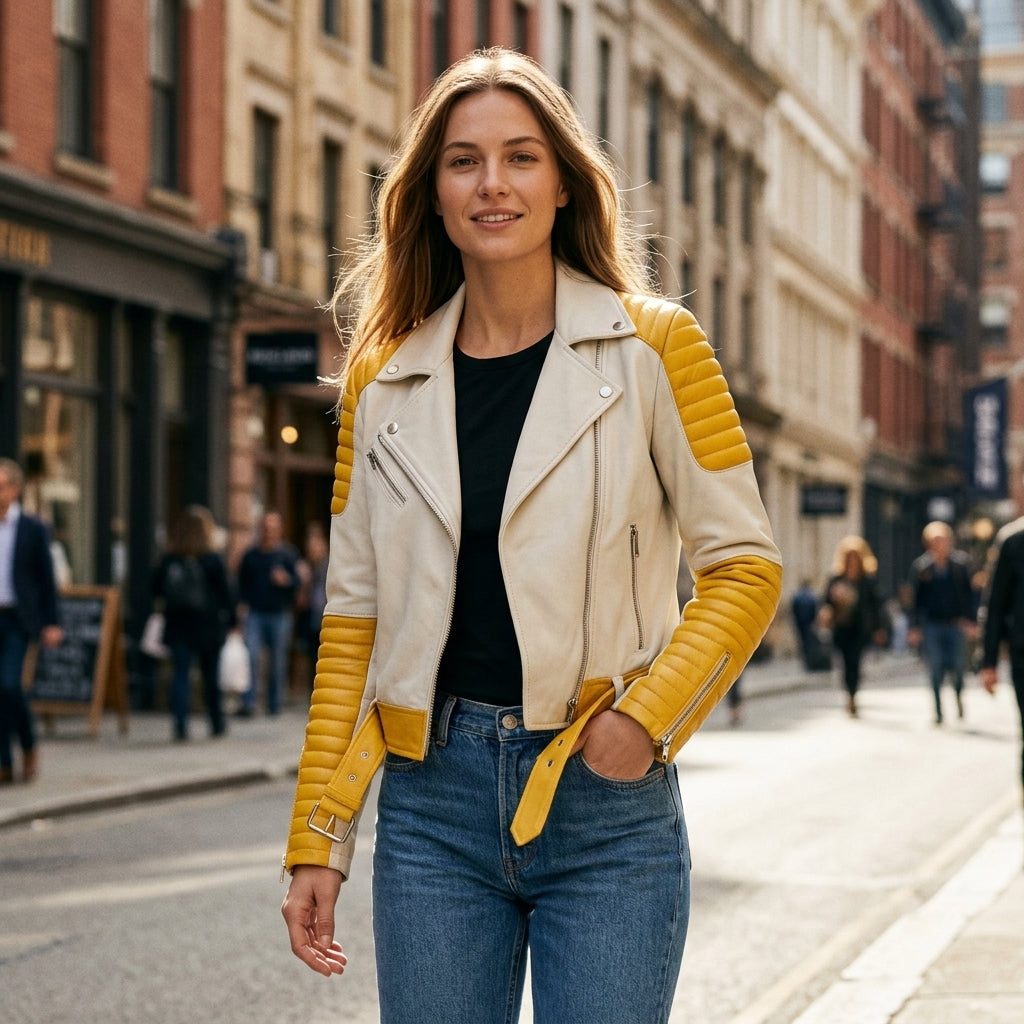 Women's White and Yellow Sheepskin Leather Biker Jacket – Two-Tone Quilted Asymmetric Moto Jacket