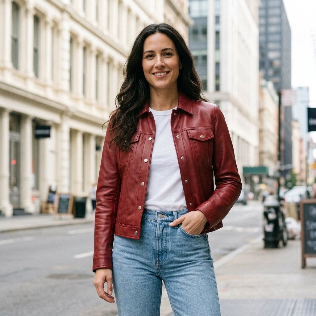 Women's Red Sheepskin Leather Trucker Jacket – Cropped Western Coat with Snap-Front Closure