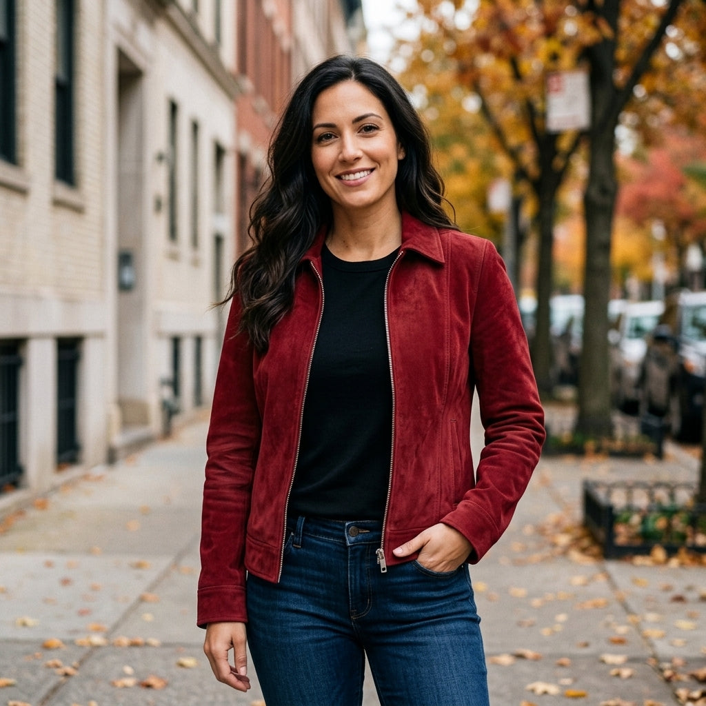 Women's Red Suede Sheepskin Jacket – Zip-Up Coat with Classic Shirt Collar