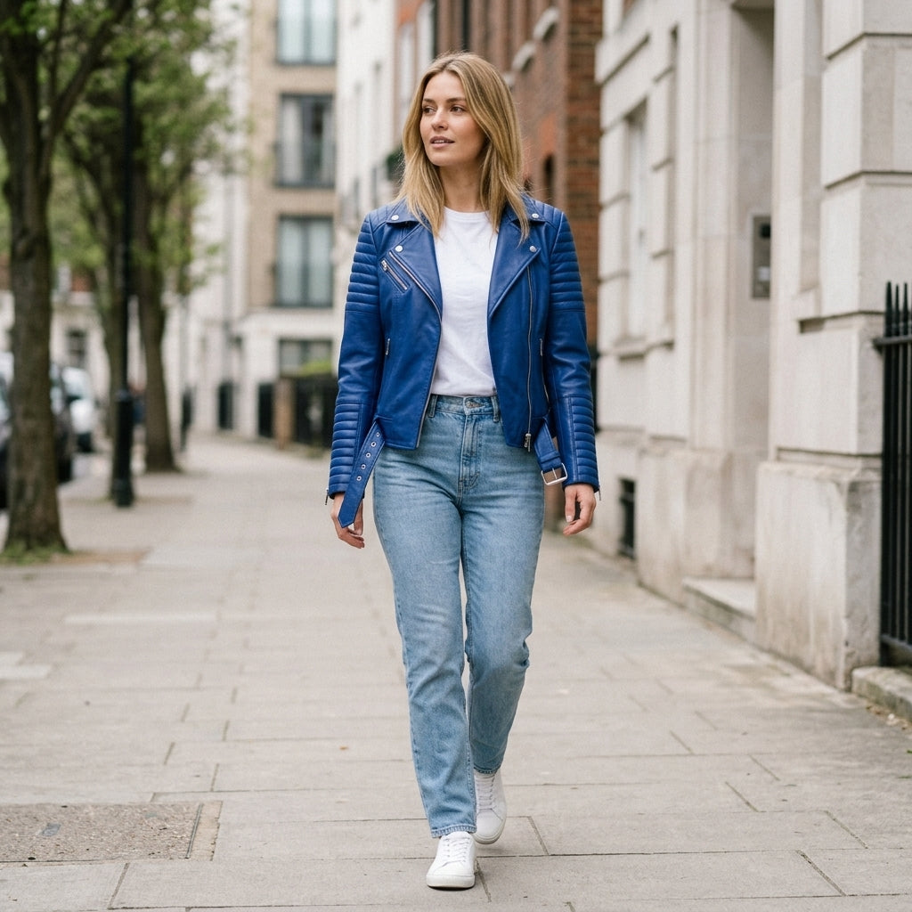 Women's Royal Blue Sheepskin Leather Biker Jacket – Quilted Shoulder Asymmetric Moto Jacket