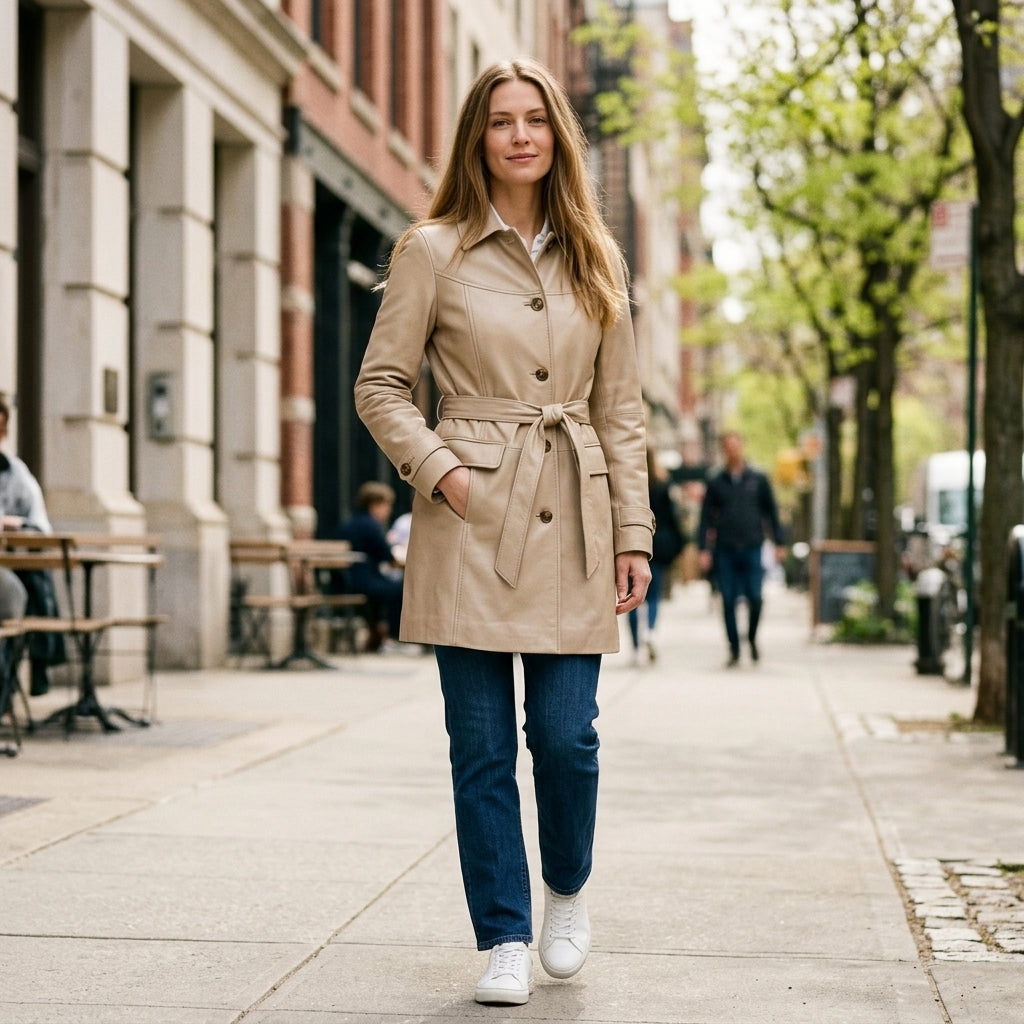 Women's Beige Sheepskin Leather Coat – Mid-Length Belted Car Coat with Collar & Buttons