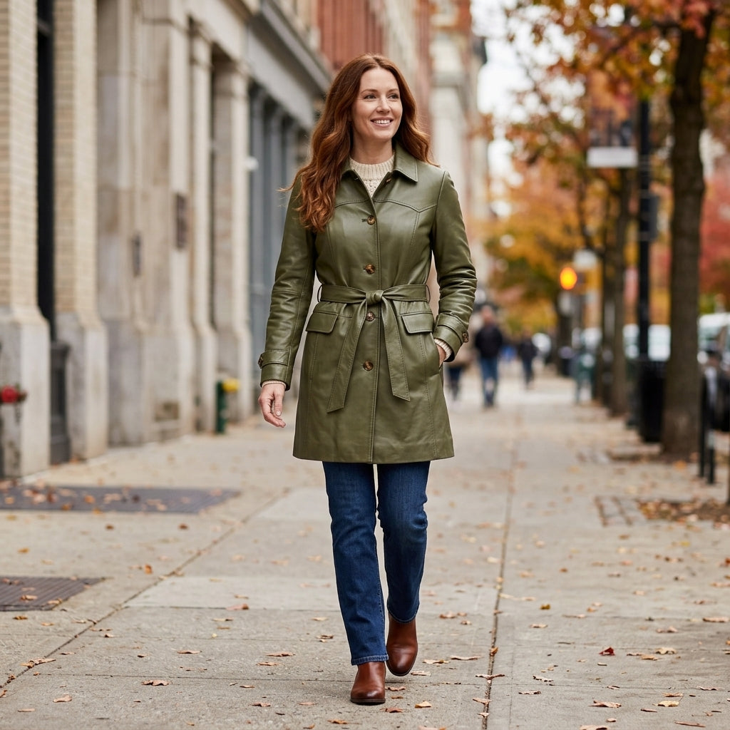 Women's Olive Green Sheepskin Leather Coat – Mid-Length Belted Car Coat with Collar & Buttons