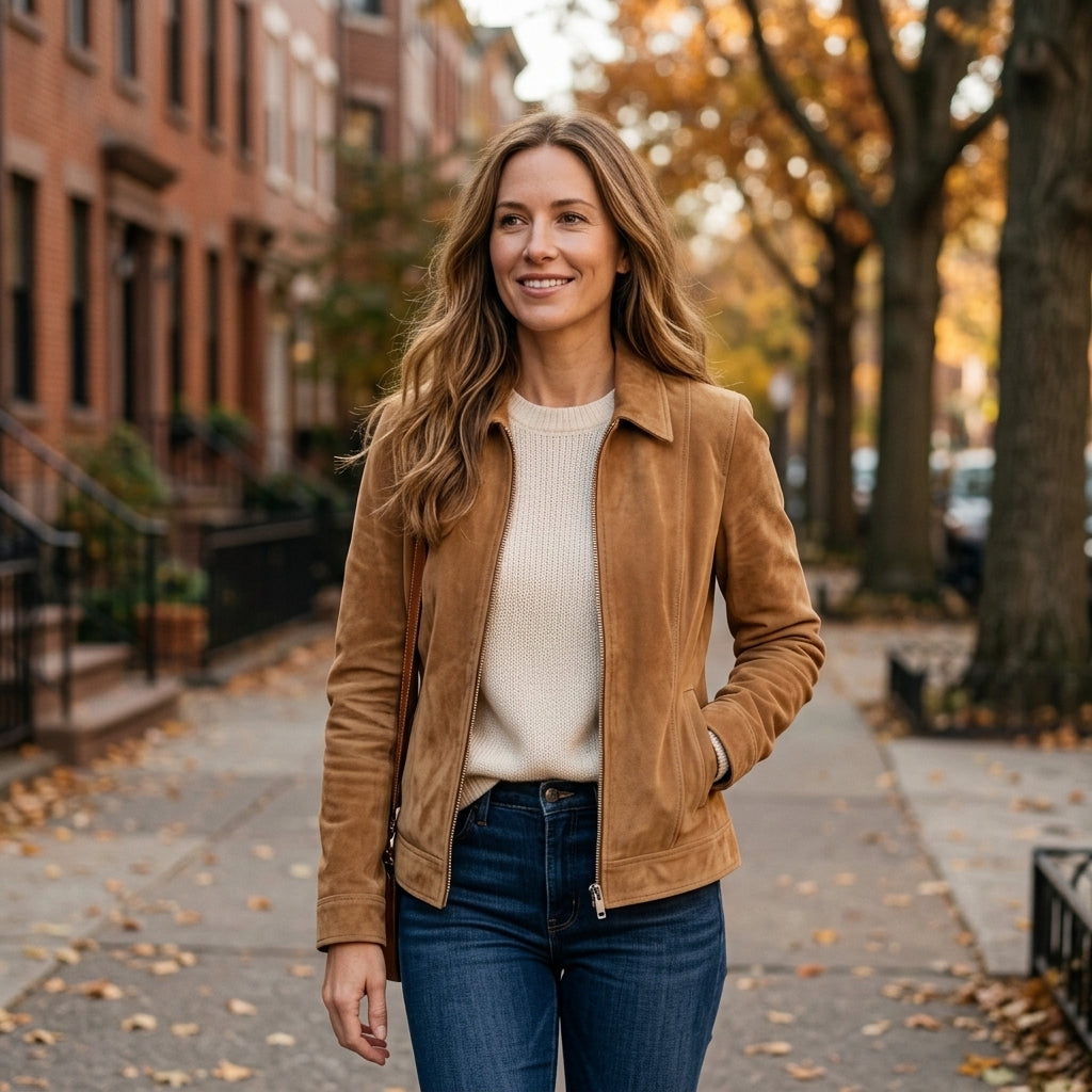 Women's Tan Suede Sheepskin Jacket – Camel Zip-Up Coat with Shirt Collar