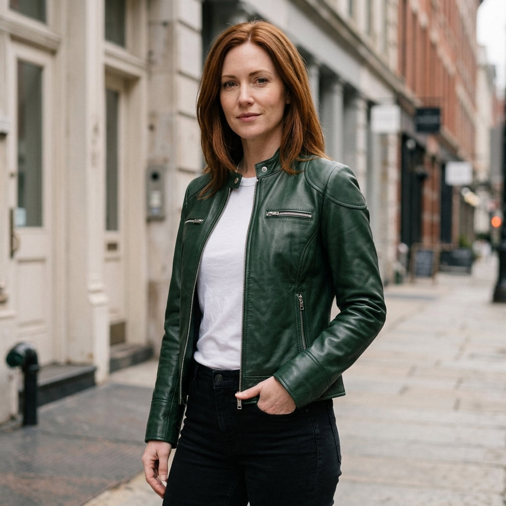 Women's Green Sheepskin Leather Cafe Racer Jacket – Slim Fit Biker Moto Coat with Band Collar