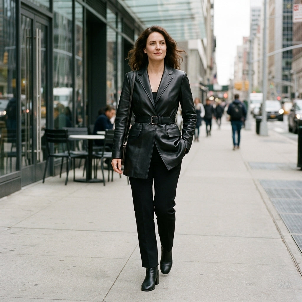 Women's Black Belted Longline Leather Blazer