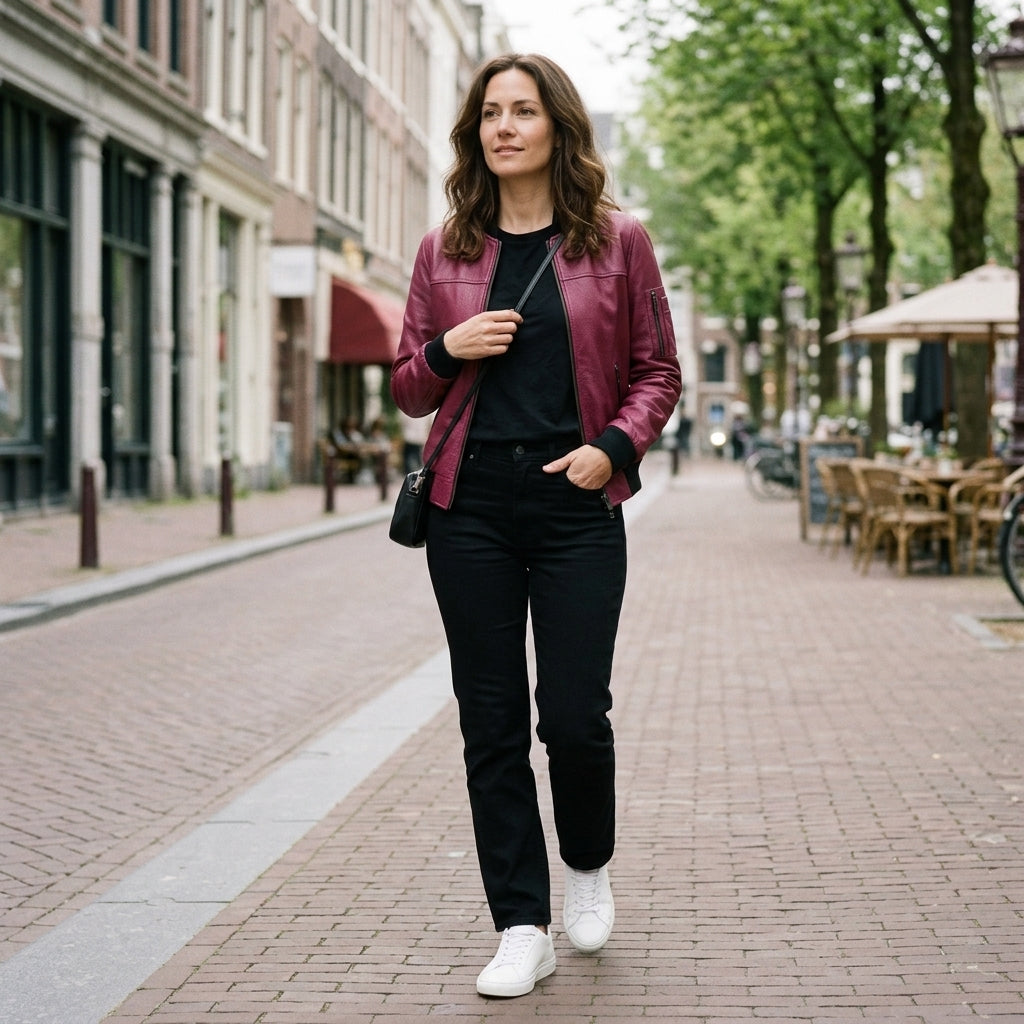 Women's Berry Magenta Pebbled Leather Bomber Jacket