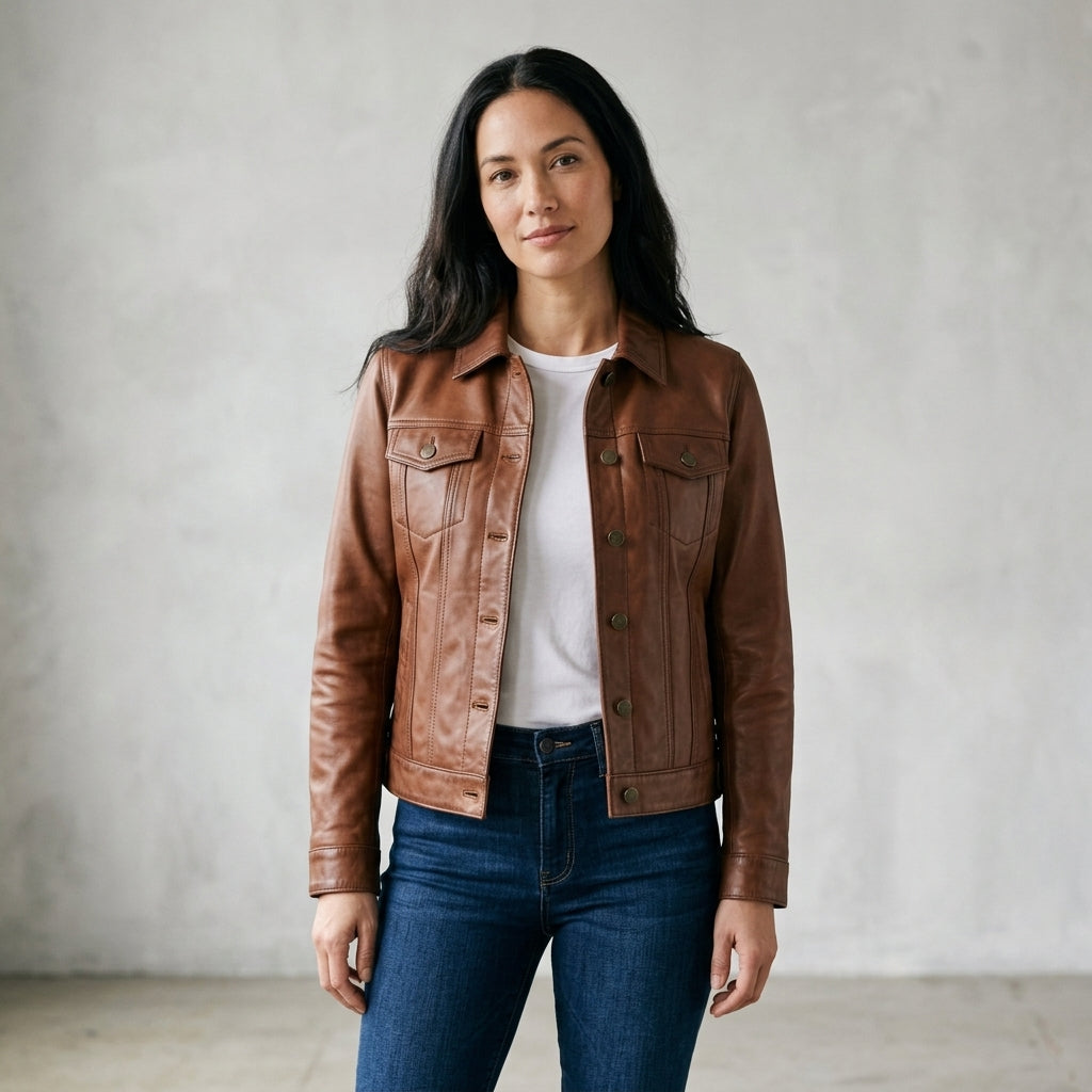 Women's Brown Sheepskin Leather Trucker Jacket – Button-Up Western Coat with Chest Pockets