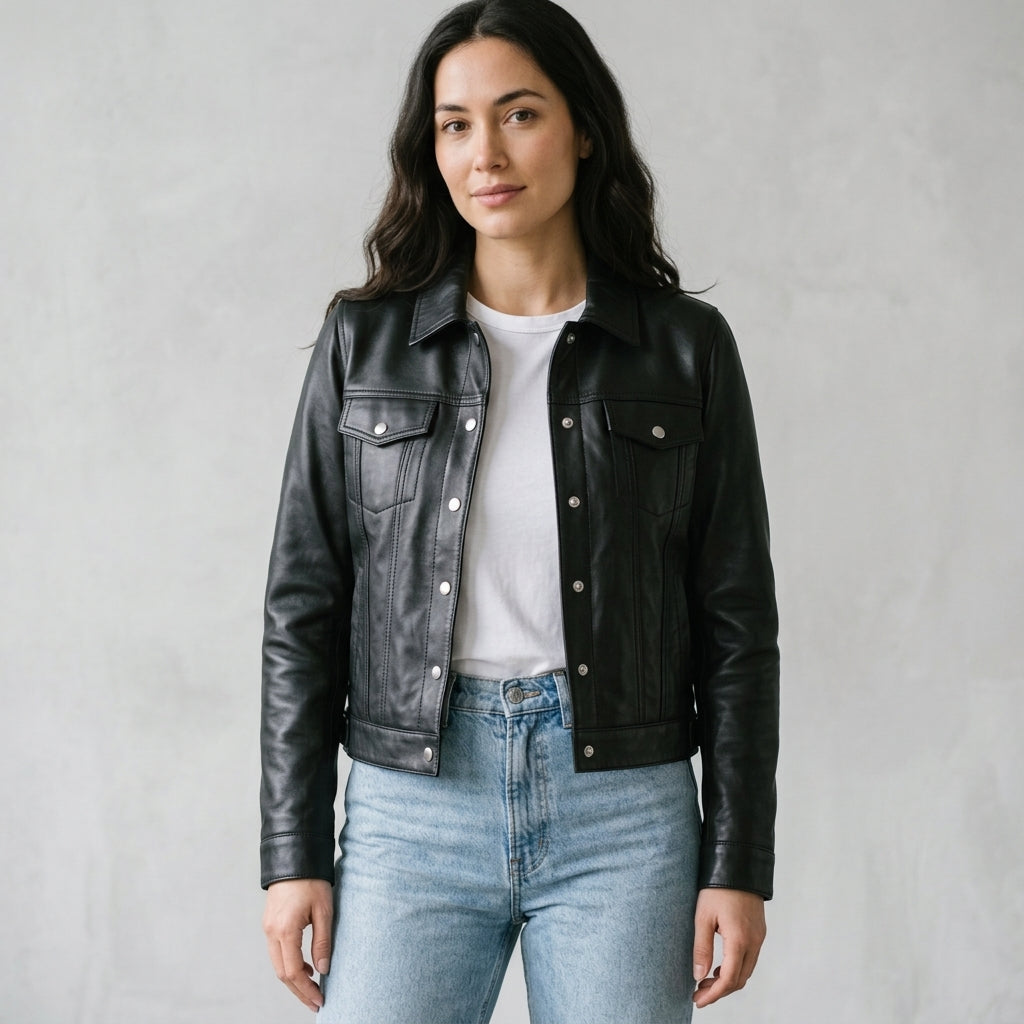 Women's Black Sheepskin Leather Trucker Jacket – Cropped Western Coat with Snap-Front Closure