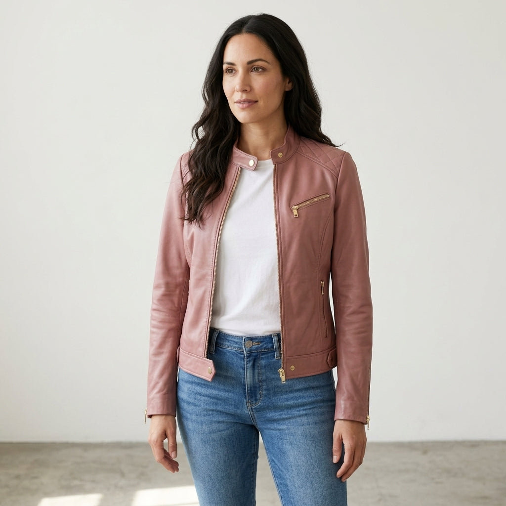 Women's Dusty Rose Sheepskin Leather Cafe Racer Jacket – Quilted Shoulders & Gold Zippers