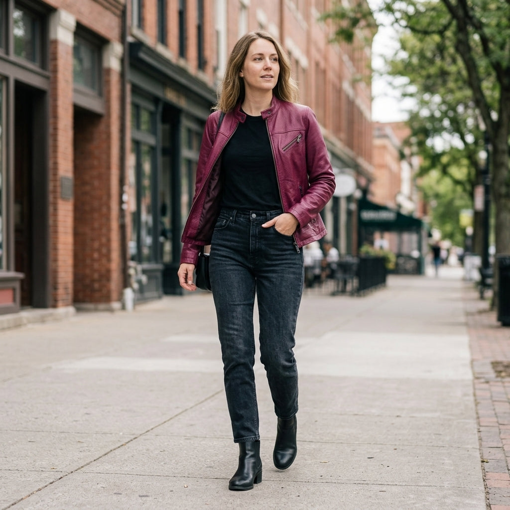 Women's Berry Magenta Pebbled Leather Jacket