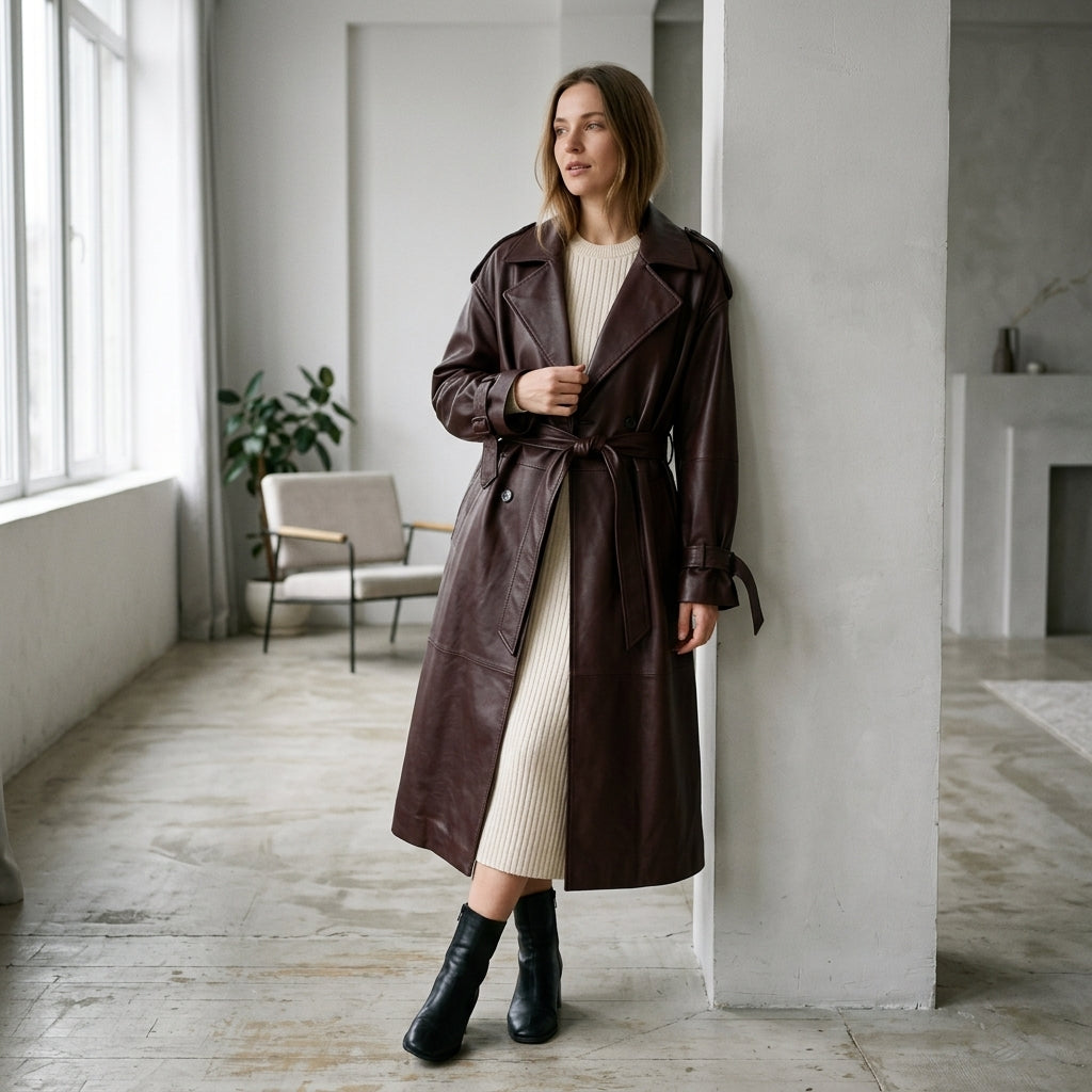 Women's Dark Cherry Brown Long Leather Trench Coat with Tie Belt