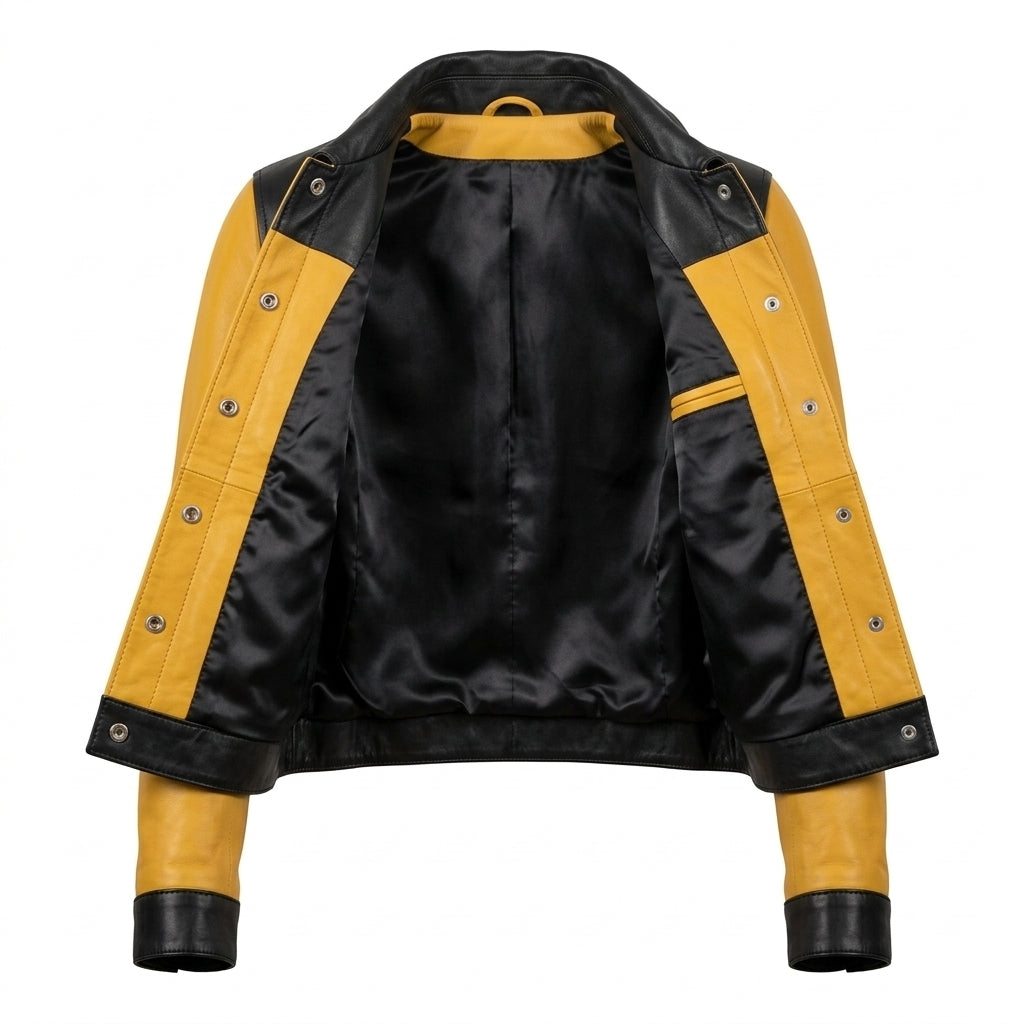 Women's Yellow and Black Sheepskin Leather Trucker Jacket – Two-Tone Cropped Western Coat
