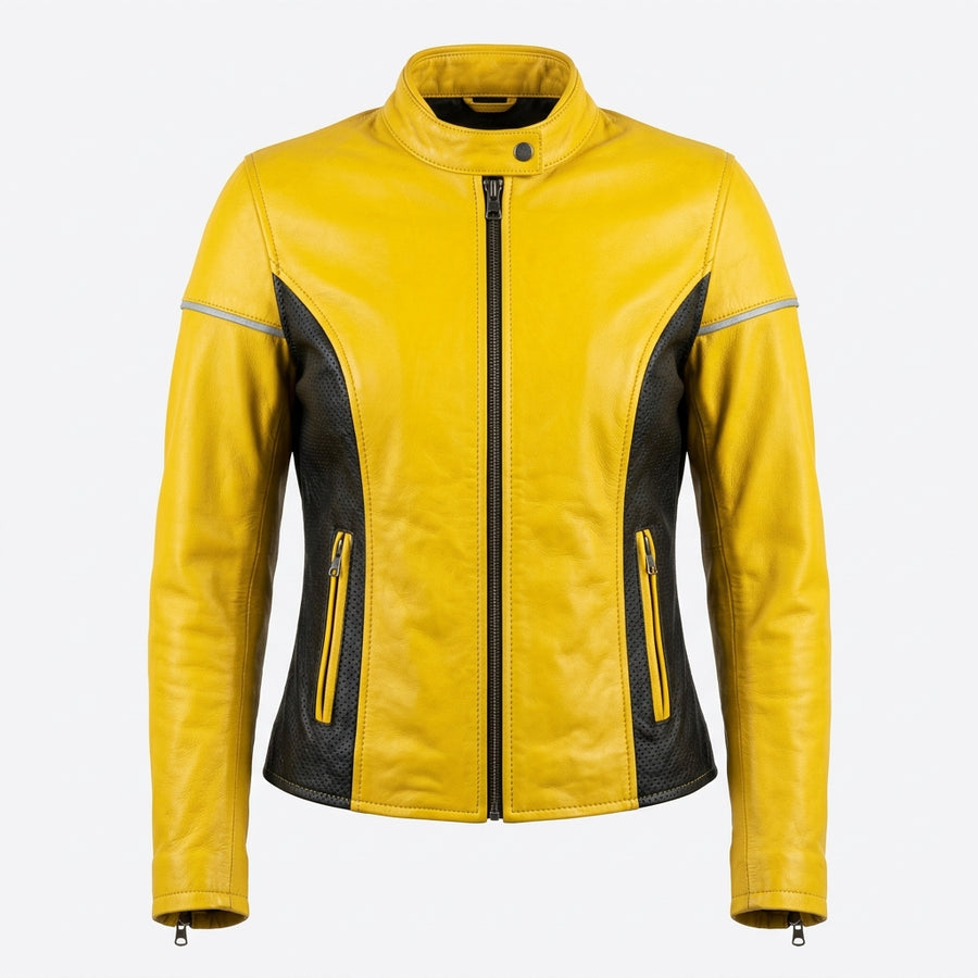 Women's Yellow and Black Leather Biker Jacket