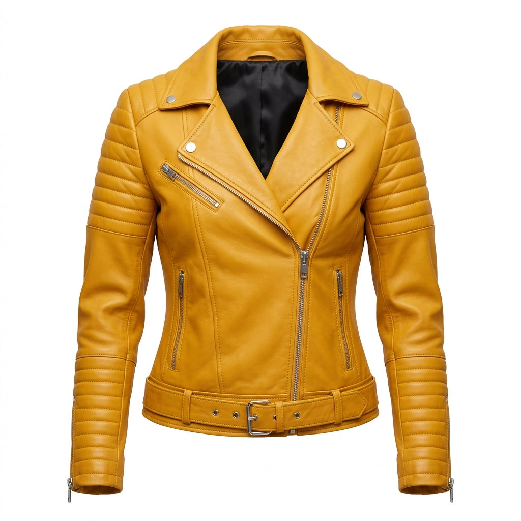 Women's Yellow Sheepskin Leather Biker Jacket – Quilted Shoulder Asymmetric Moto Jacket with Belt