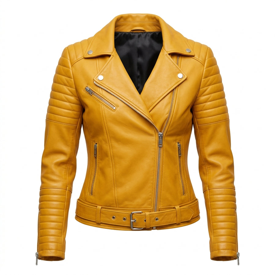 Women's Yellow Sheepskin Leather Biker Jacket – Quilted Shoulder Asymmetric Moto Jacket with Belt