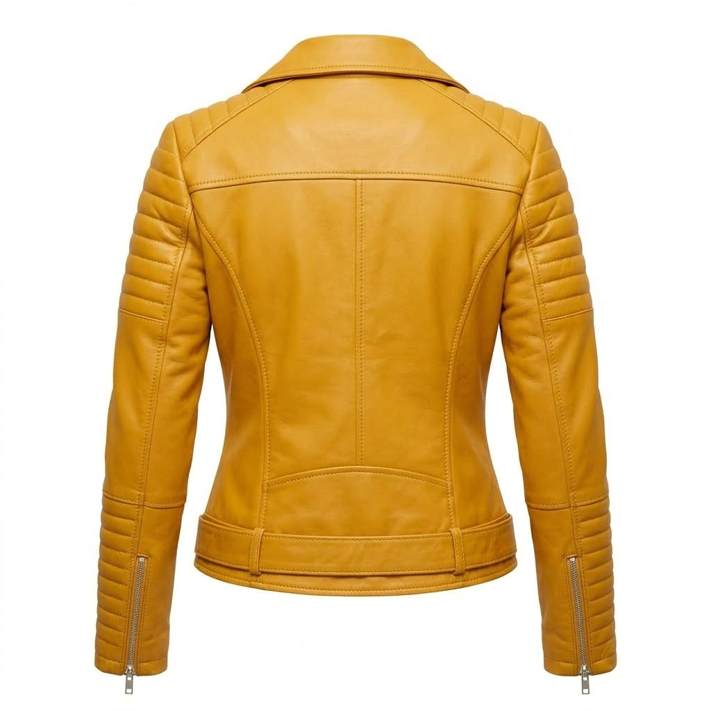Women's Yellow Sheepskin Leather Biker Jacket – Quilted Shoulder Asymmetric Moto Jacket with Belt