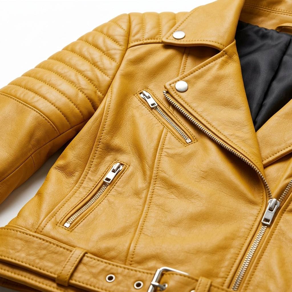 Women's Yellow Sheepskin Leather Biker Jacket – Quilted Shoulder Asymmetric Moto Jacket with Belt