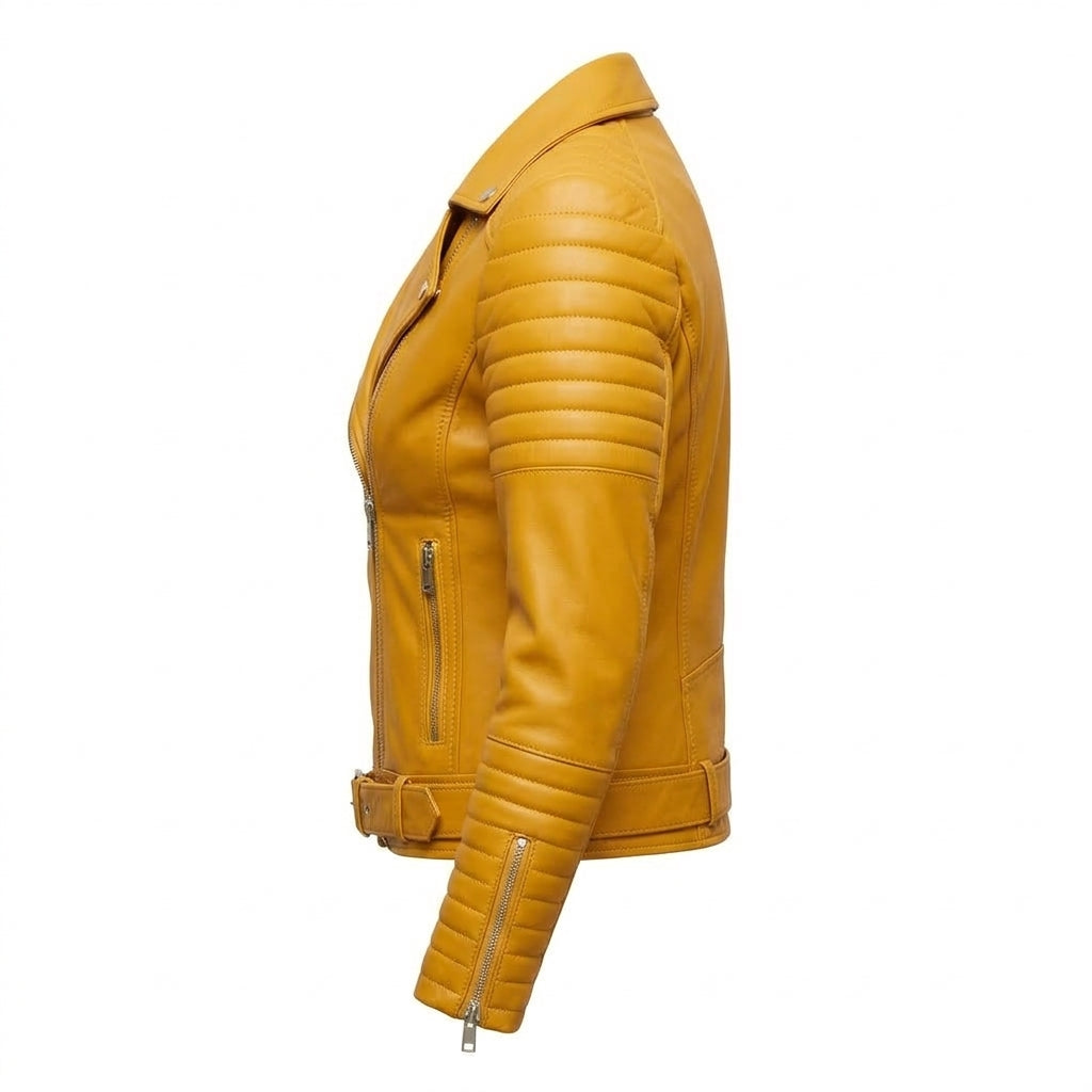 Women's Yellow Sheepskin Leather Biker Jacket – Quilted Shoulder Asymmetric Moto Jacket with Belt