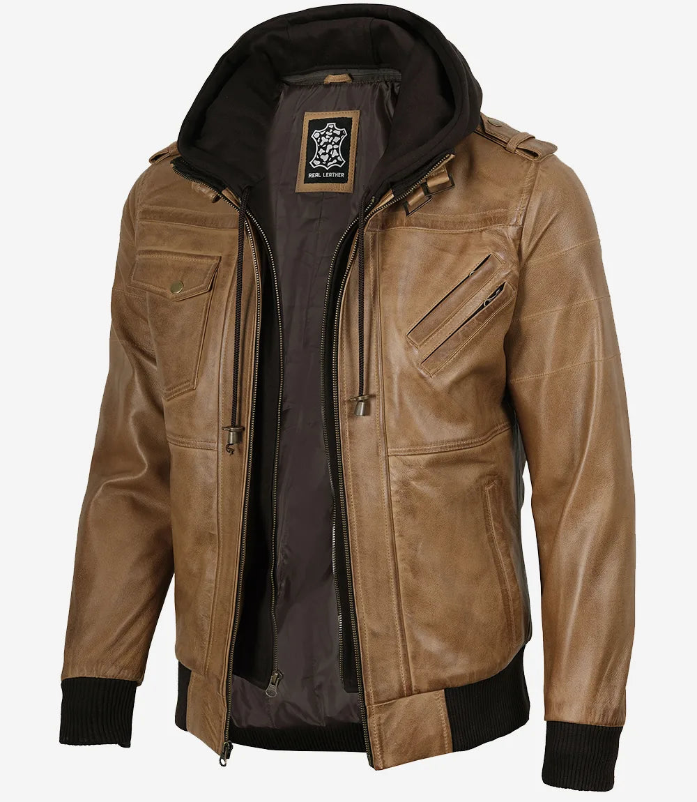 Men's Camel Tan Leather Bomber Jacket with Removable Hood