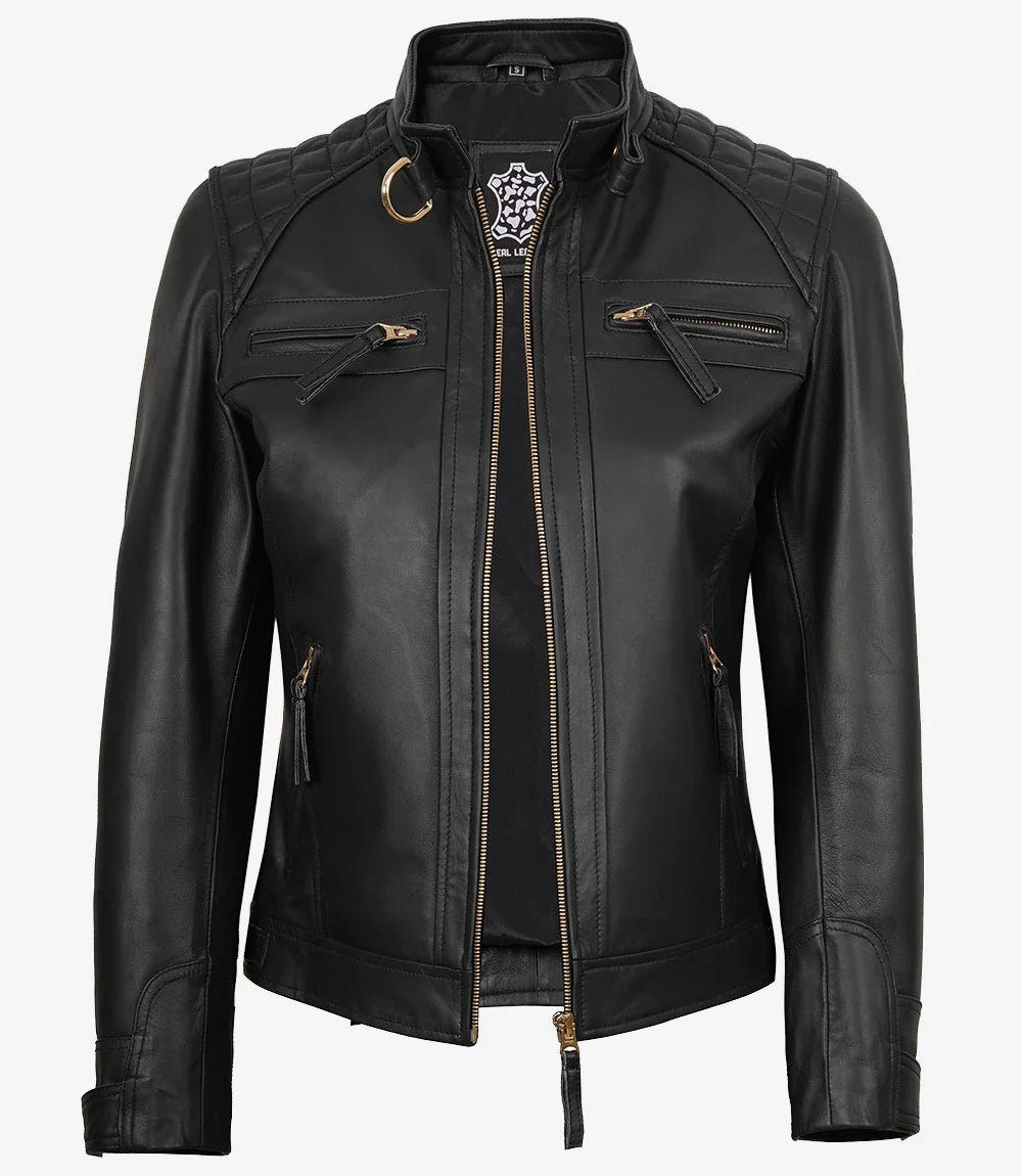 Women's Black Sheepskin Leather Jacket – Quilted Shoulder Cafe Racer Moto Jacket with Gold Zippers